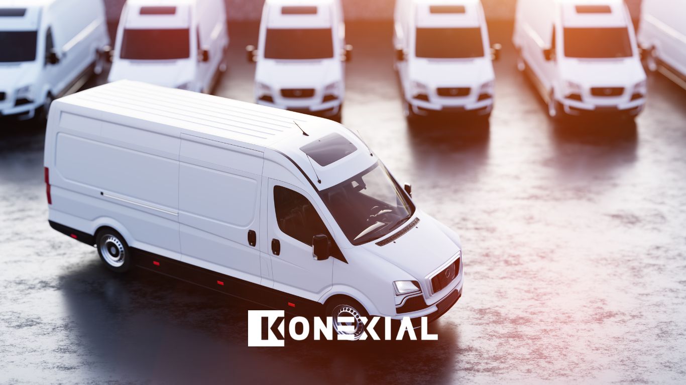 Enterprise fleet made up of white delivery vans lined up in row