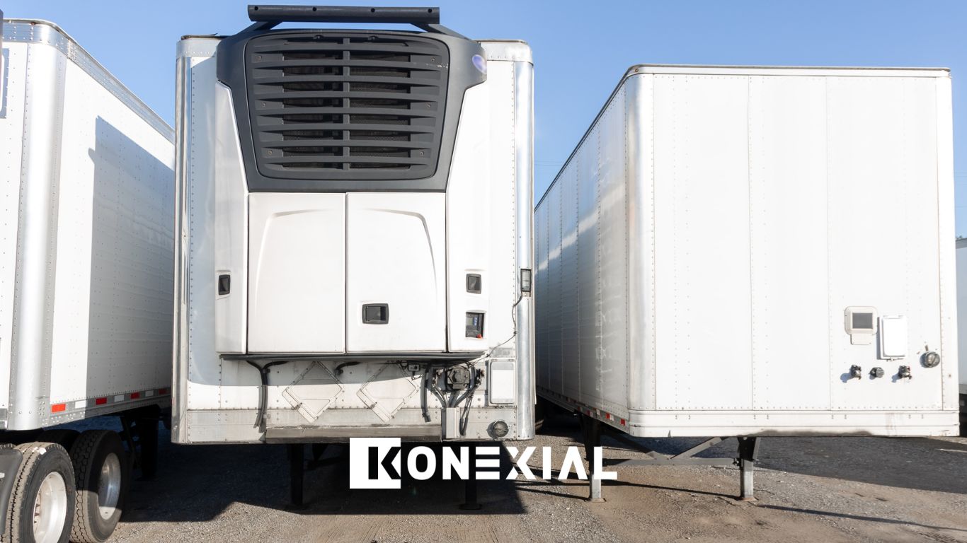white trucking trailers in a truck yard
