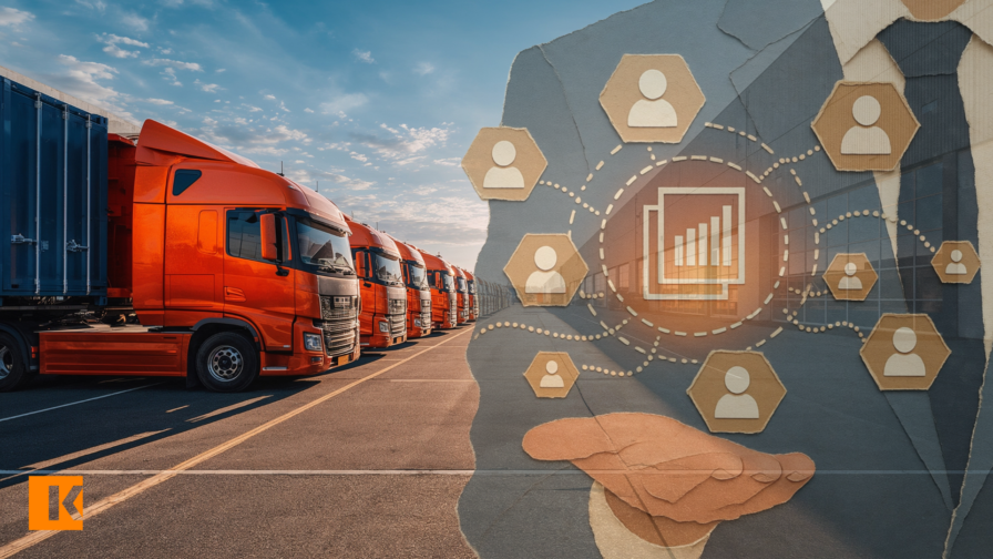Fleet manager using Konexial fleet management software in front of a fleet of commercial trucks.